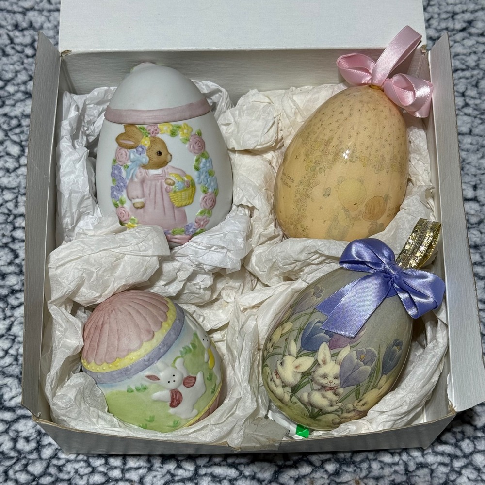 LOT VTG Easter Egg Ornament Lot Precious Moments Bunny Ceramic Decor Set of 4